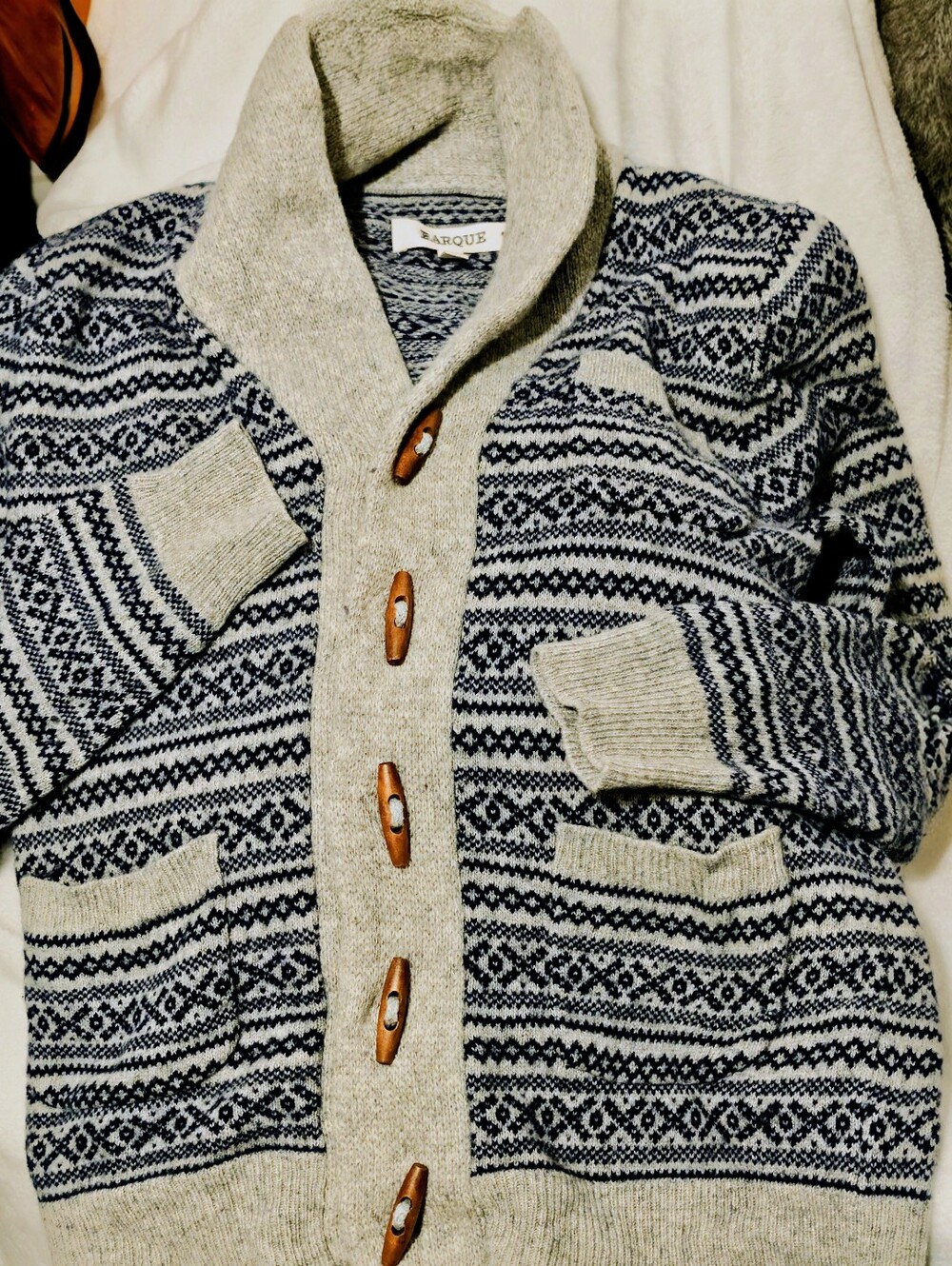 Vintage Barque Shawl Collar Wool/Nylon FairIsle Button Down Sweater Size Small